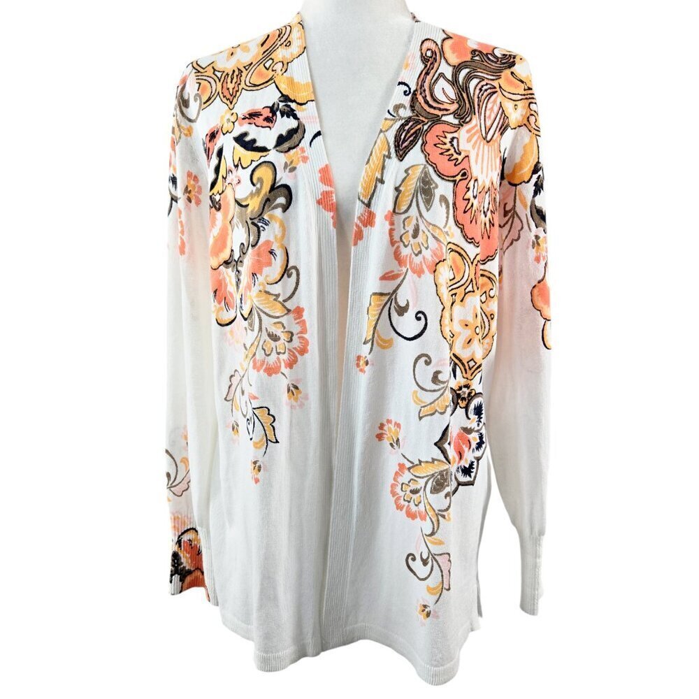 Chico's Summer Romance Scrolls Topper Open Front Cardigan White Floral Boho
